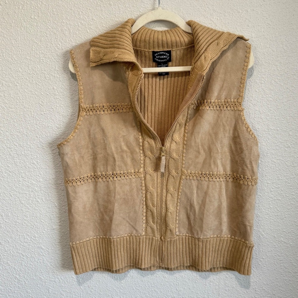 VTG‎ Designers Studio Originals Tan Leather Front Knit Zip Sweater Vest Large